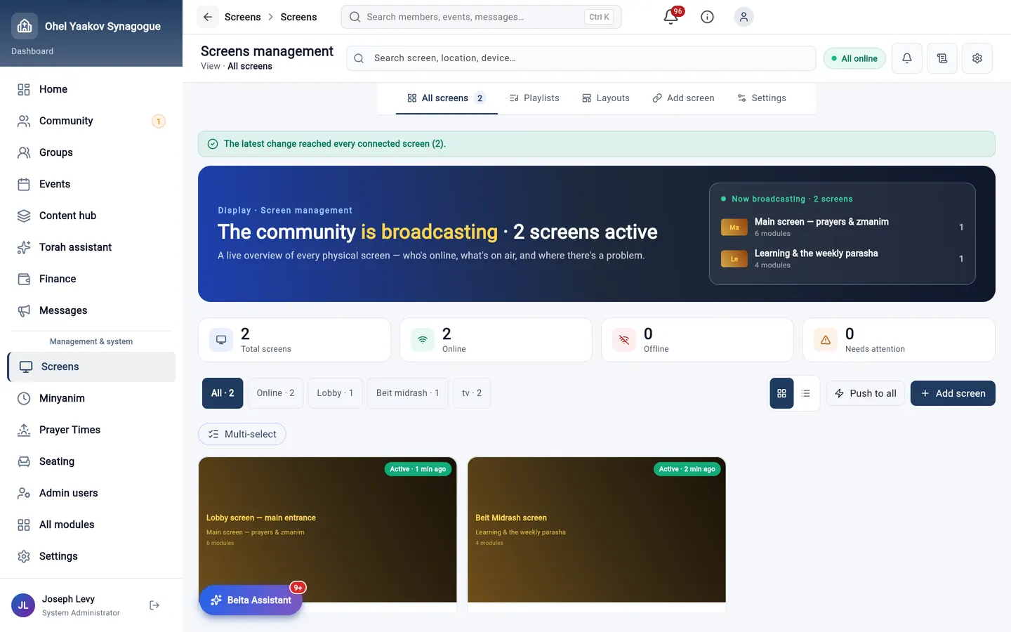 Screens management in the dashboard: every screen in the synagogue and its status, in one place