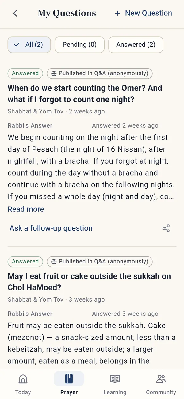 My Questions in the app: halachic questions with the rabbi's answers