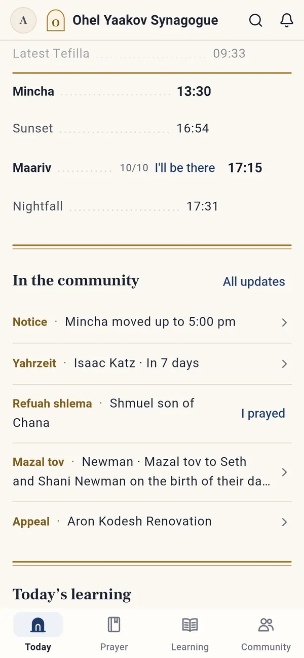 Today's board and the community feed: a notice, a yahrzeit, refuah shlema, mazal tov and an appeal