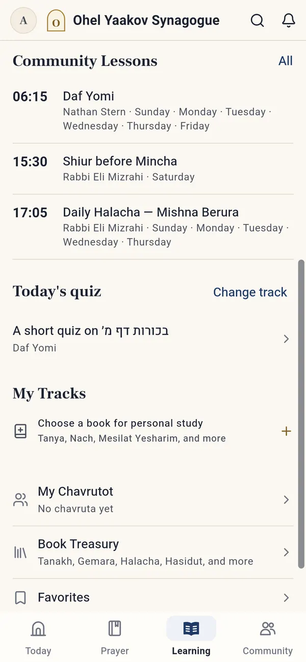 Learning in the app: the community's shiurim, today's quiz and personal study tracks