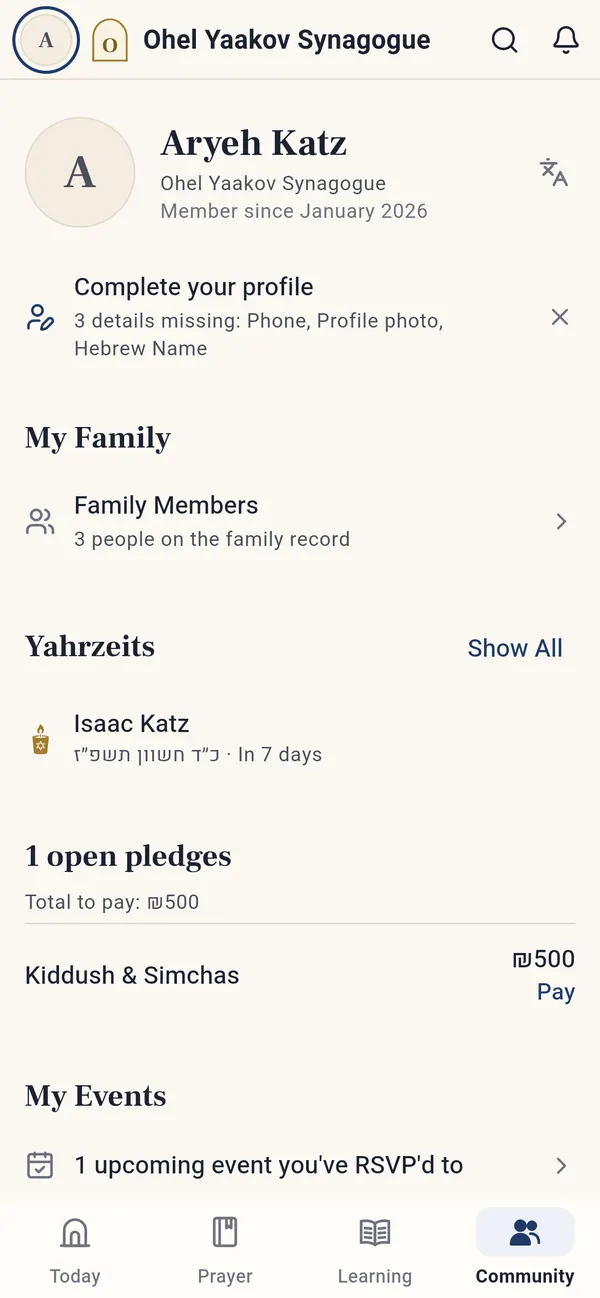 The personal area: family members, yahrzeits and open pledges