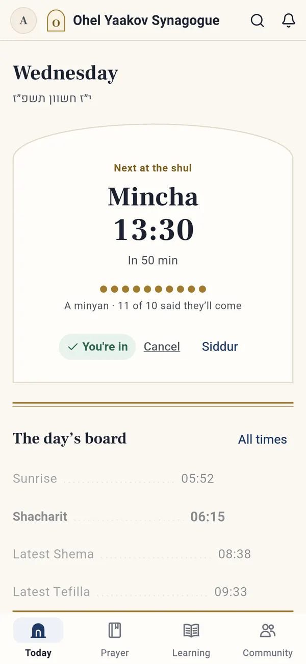 The app's Today screen: Mincha in 50 minutes, minyan sign-up and today's times