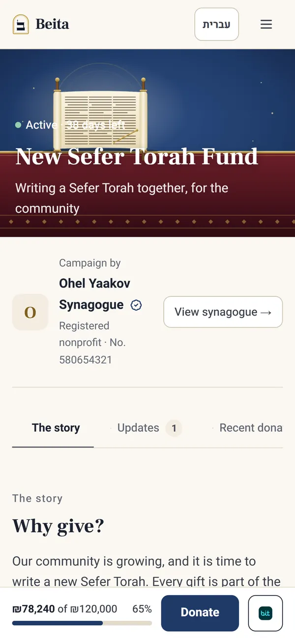 The campaign page on a phone: 65% of the goal, with sharing