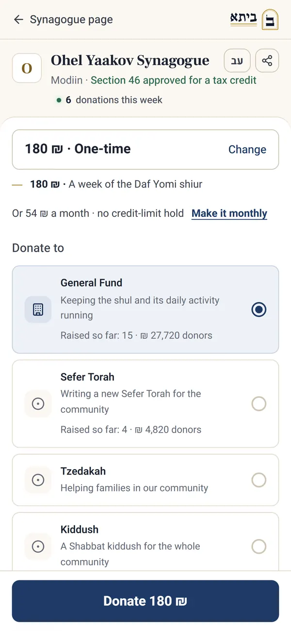 The donation page on a phone: amount and fund, one-time or monthly