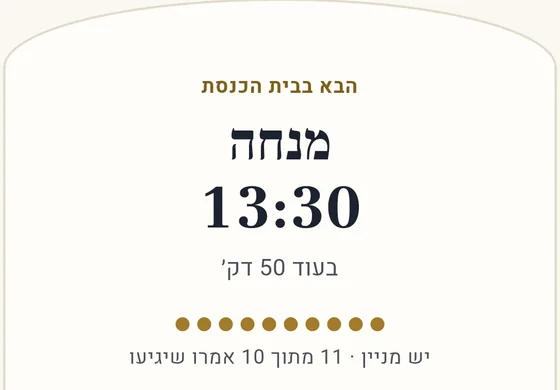 אפליקציית הקהילה: הבא בבית הכנסת, מנחה 13:30, בעוד 50 דקות, ו-11 מתוך 10 אמרו שיגיעו
